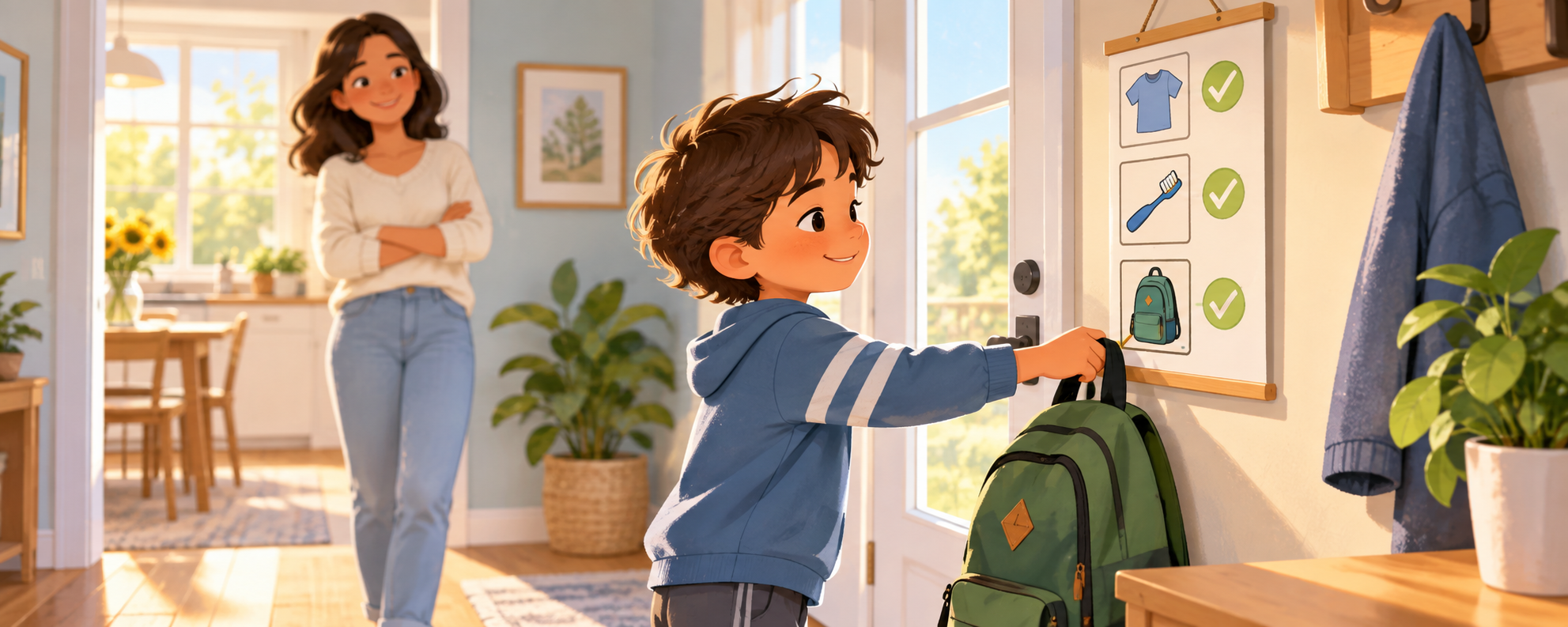 Child following a three-step morning checklist while a parent calmly observes